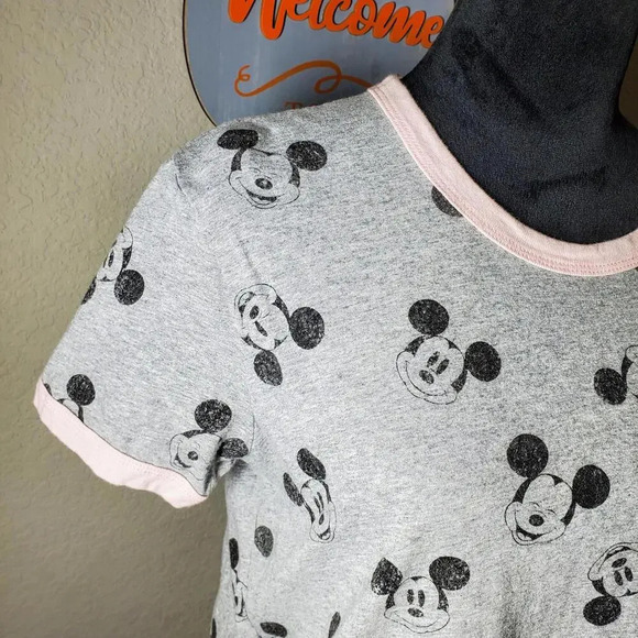 Disney Mickey Mouse Allover Ringer T-Shirt for Women Size Large NWOT Gray Pink - Picture 13 of 15